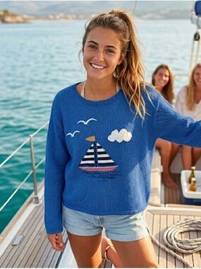 Monterey Bay Blue Nautical Crewneck Sweater with Boat Motif